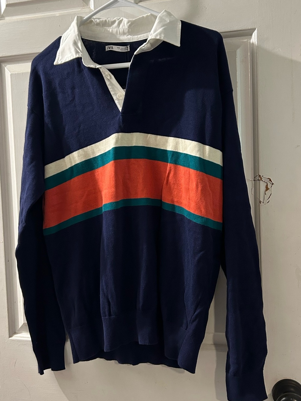 Zara Navy Crewneck Rugby Sweater with Orange & Teal Stripes